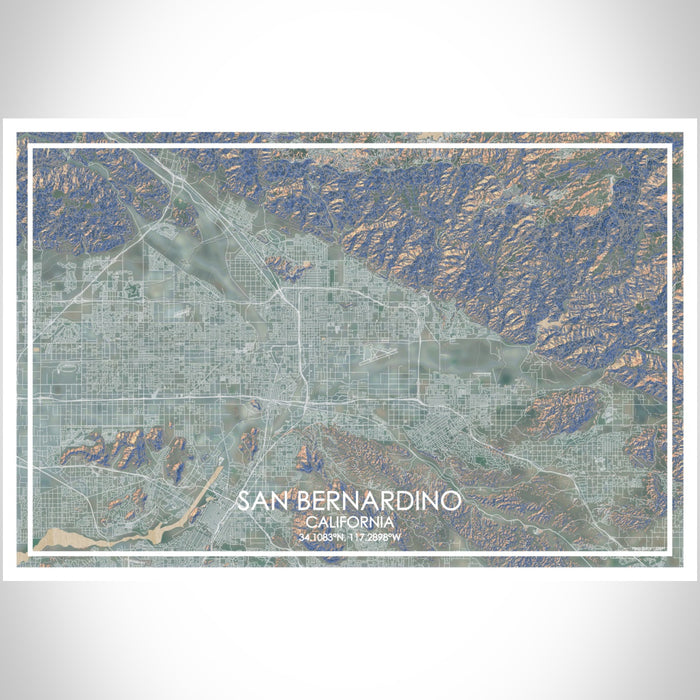 San Bernardino California Map Print Landscape Orientation in Afternoon Style With Shaded Background