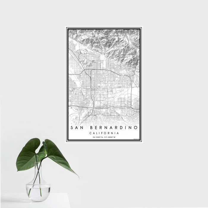 16x24 San Bernardino California Map Print Portrait Orientation in Classic Style With Tropical Plant Leaves in Water