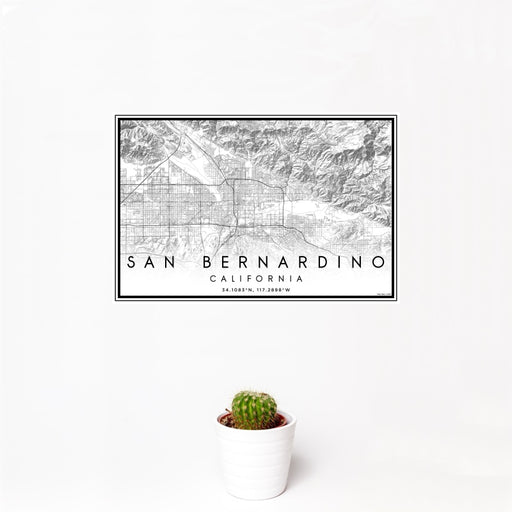 12x18 San Bernardino California Map Print Landscape Orientation in Classic Style With Small Cactus Plant in White Planter