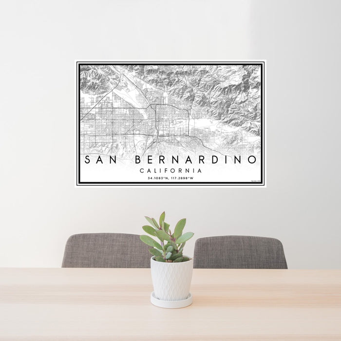 24x36 San Bernardino California Map Print Landscape Orientation in Classic Style Behind 2 Chairs Table and Potted Plant