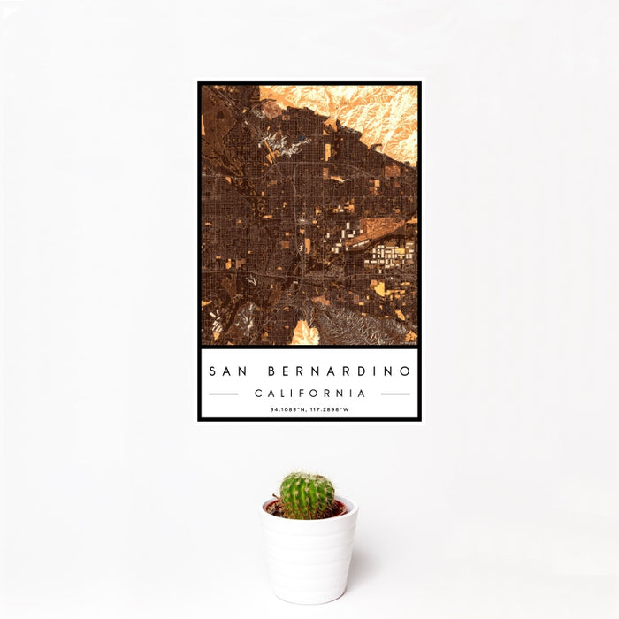 12x18 San Bernardino California Map Print Portrait Orientation in Ember Style With Small Cactus Plant in White Planter