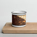 Front View Custom San Bernardino California Map Enamel Mug in Ember on Cutting Board