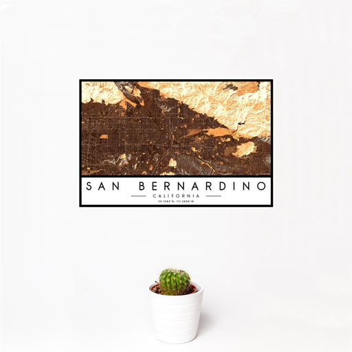 12x18 San Bernardino California Map Print Landscape Orientation in Ember Style With Small Cactus Plant in White Planter