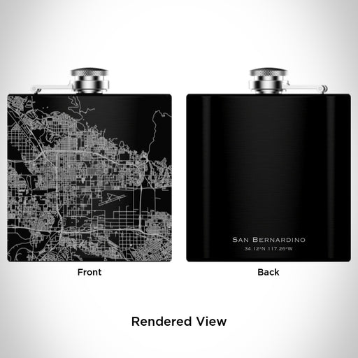 Rendered View of San Bernardino California Map Engraving on 6oz Stainless Steel Flask in Black