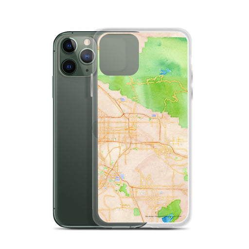 Custom San Bernardino California Map Phone Case in Watercolor on Table with Laptop and Plant
