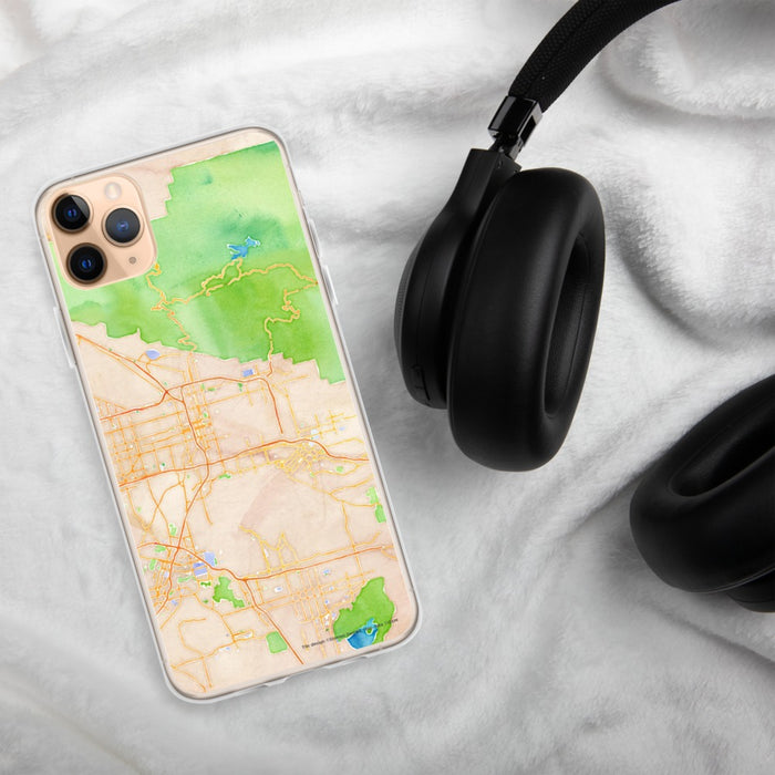 Custom San Bernardino California Map Phone Case in Watercolor on Table with Black Headphones