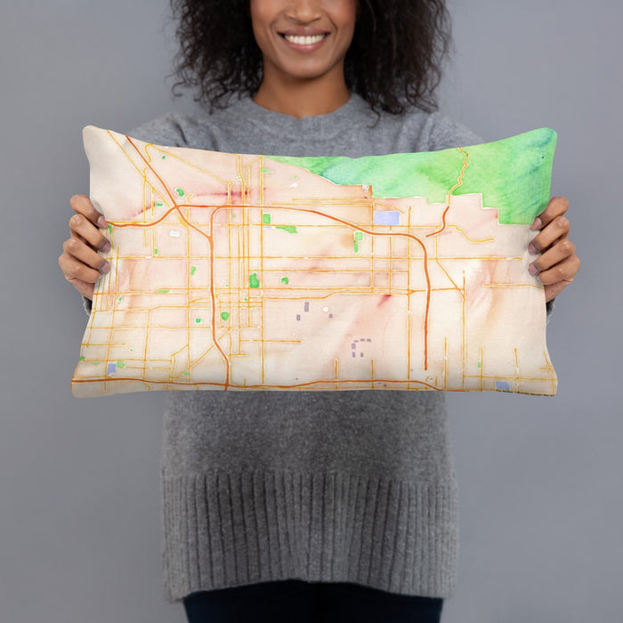 Person holding 20x12 Custom San Bernardino California Map Throw Pillow in Watercolor