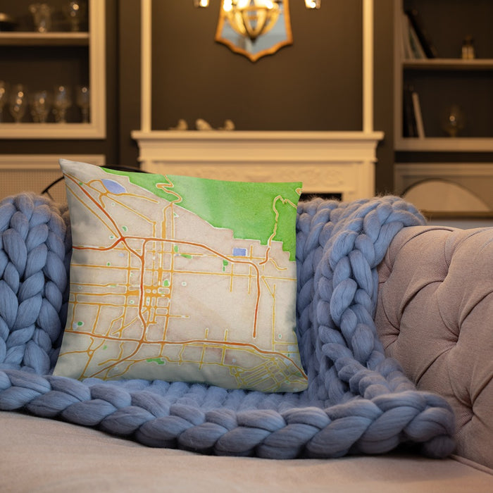 Custom San Bernardino California Map Throw Pillow in Watercolor on Cream Colored Couch