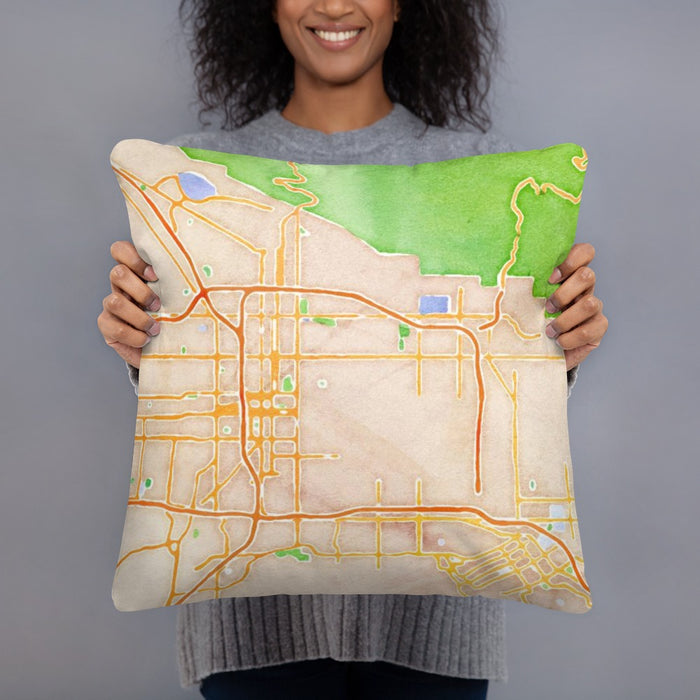 Person holding 18x18 Custom San Bernardino California Map Throw Pillow in Watercolor