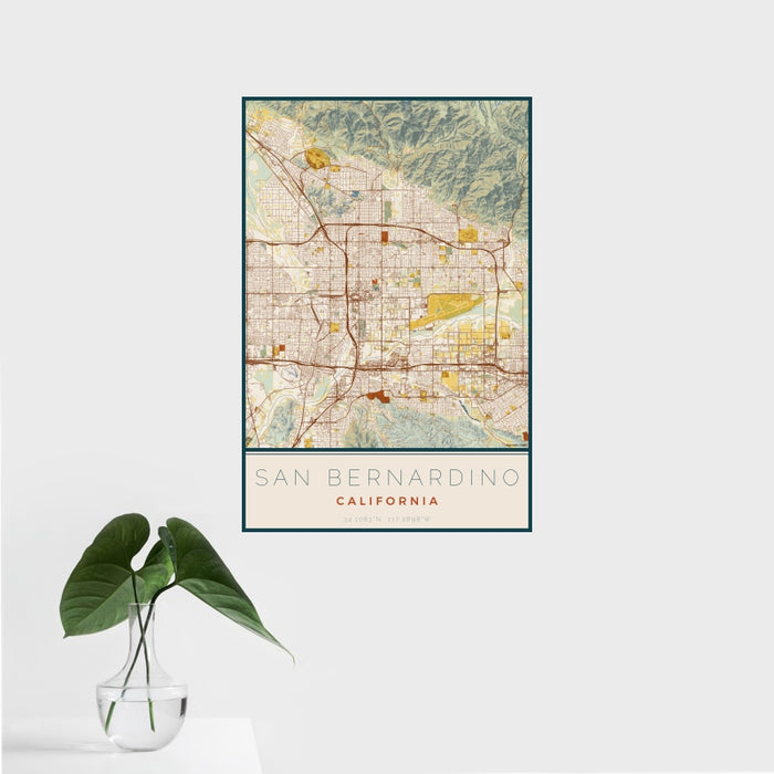 16x24 San Bernardino California Map Print Portrait Orientation in Woodblock Style With Tropical Plant Leaves in Water