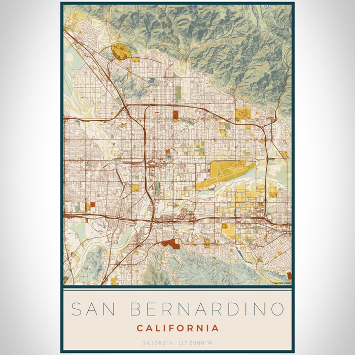 San Bernardino California Map Print Portrait Orientation in Woodblock Style With Shaded Background