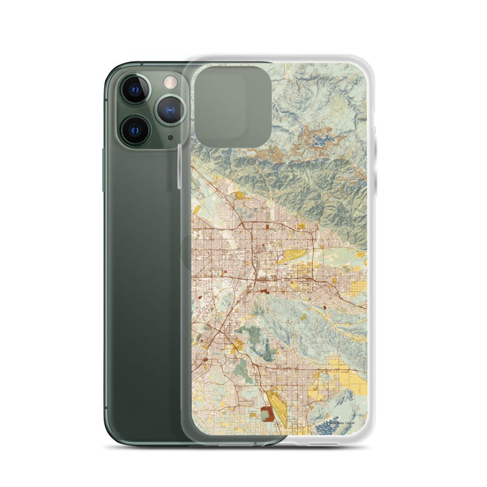 Custom San Bernardino California Map Phone Case in Woodblock on Table with Laptop and Plant