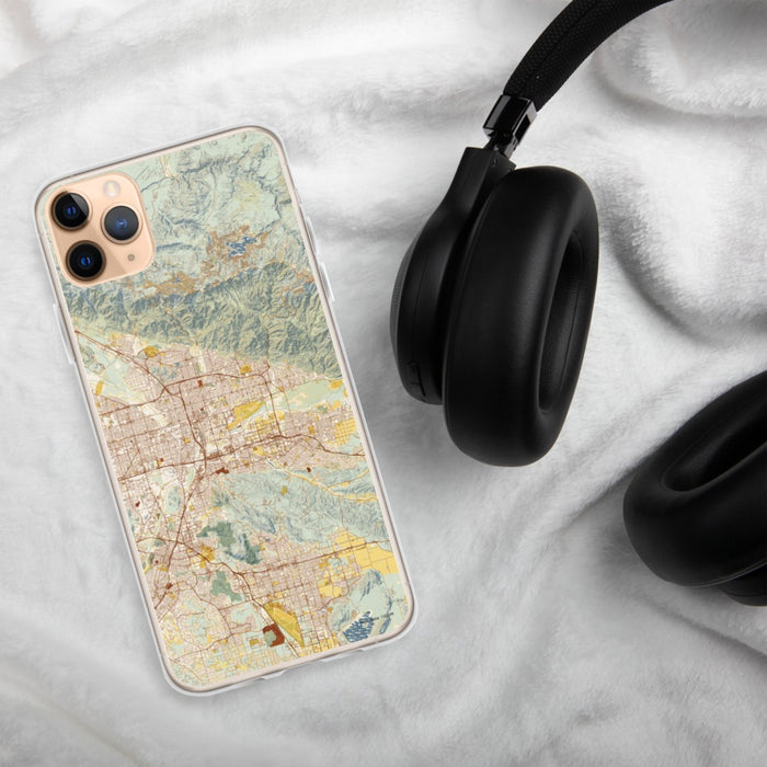 Custom San Bernardino California Map Phone Case in Woodblock on Table with Black Headphones