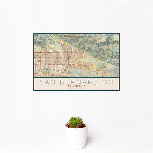 12x18 San Bernardino California Map Print Landscape Orientation in Woodblock Style With Small Cactus Plant in White Planter