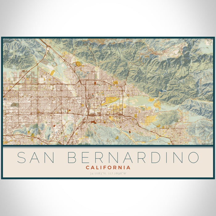 San Bernardino California Map Print Landscape Orientation in Woodblock Style With Shaded Background