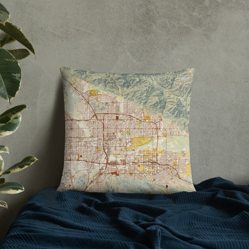 Custom San Bernardino California Map Throw Pillow in Woodblock on Bedding Against Wall