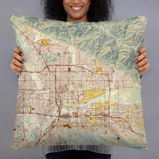 Person holding 22x22 Custom San Bernardino California Map Throw Pillow in Woodblock