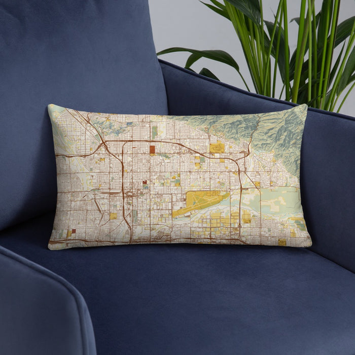 Custom San Bernardino California Map Throw Pillow in Woodblock on Blue Colored Chair
