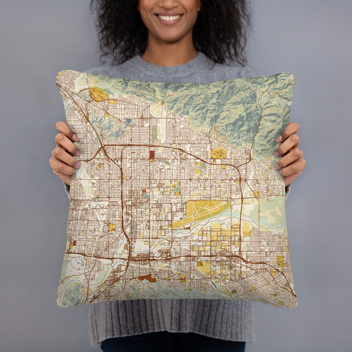 Person holding 18x18 Custom San Bernardino California Map Throw Pillow in Woodblock
