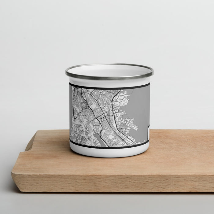 Front View Custom San Bruno California Map Enamel Mug in Classic on Cutting Board