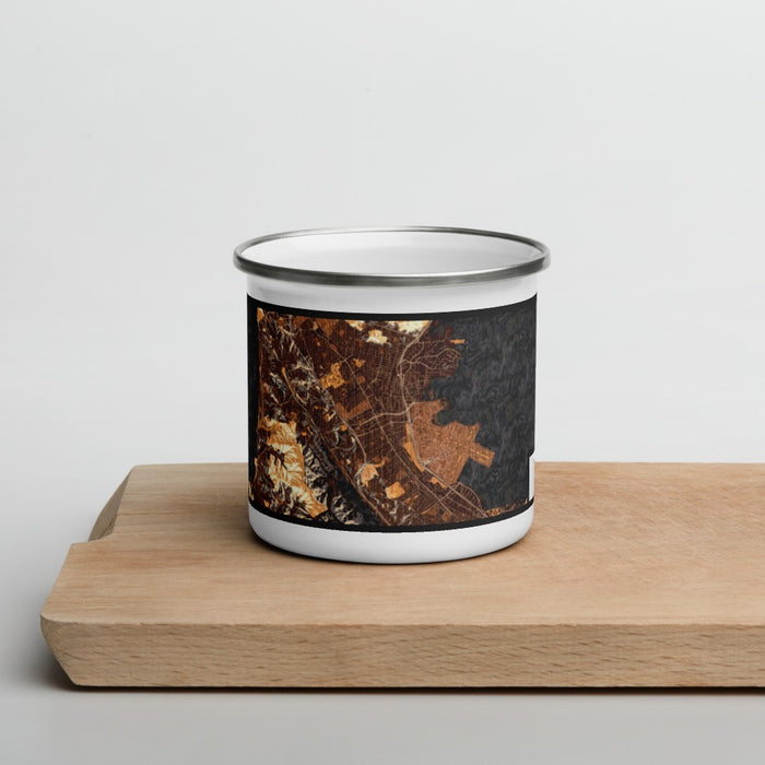 Front View Custom San Bruno California Map Enamel Mug in Ember on Cutting Board