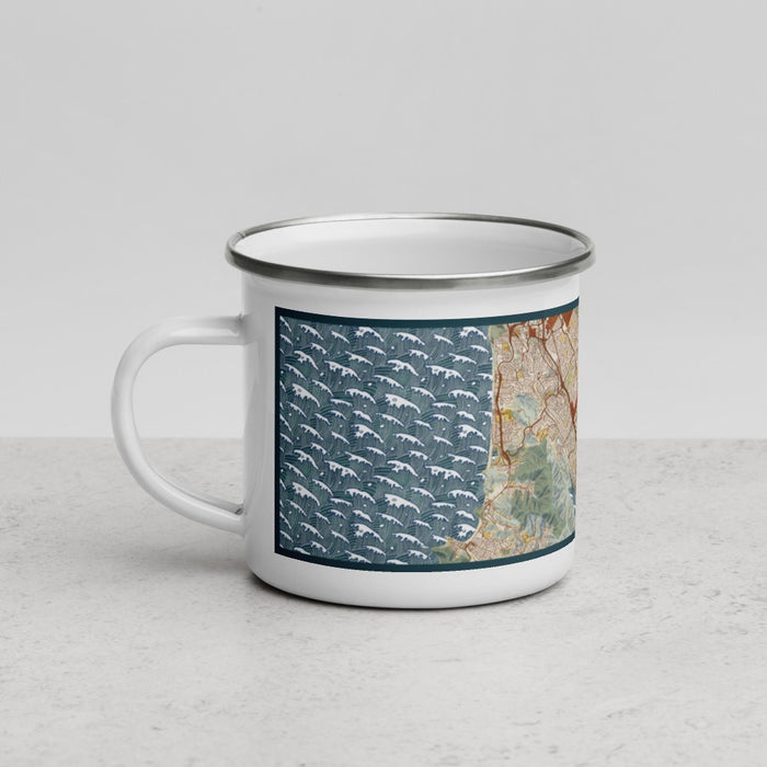 Left View Custom San Bruno California Map Enamel Mug in Woodblock