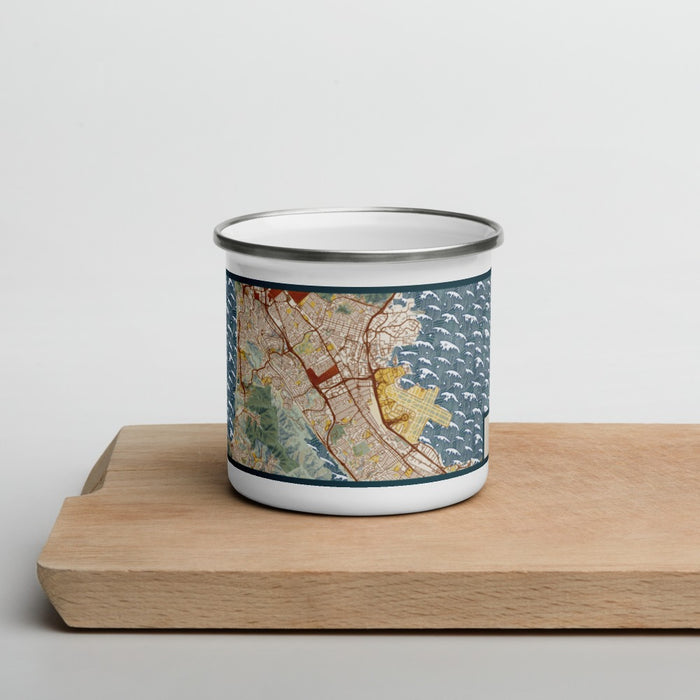 Front View Custom San Bruno California Map Enamel Mug in Woodblock on Cutting Board