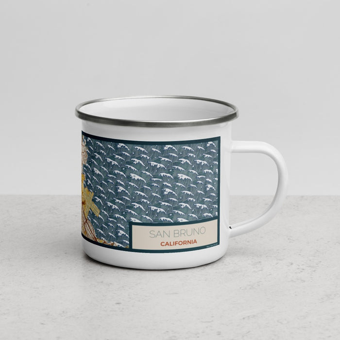 Right View Custom San Bruno California Map Enamel Mug in Woodblock