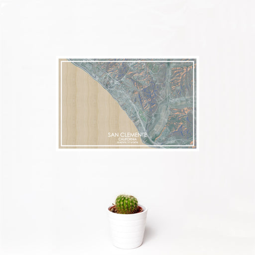 12x18 San Clemente California Map Print Landscape Orientation in Afternoon Style With Small Cactus Plant in White Planter