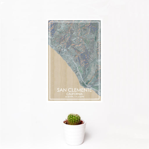 12x18 San Clemente California Map Print Portrait Orientation in Afternoon Style With Small Cactus Plant in White Planter
