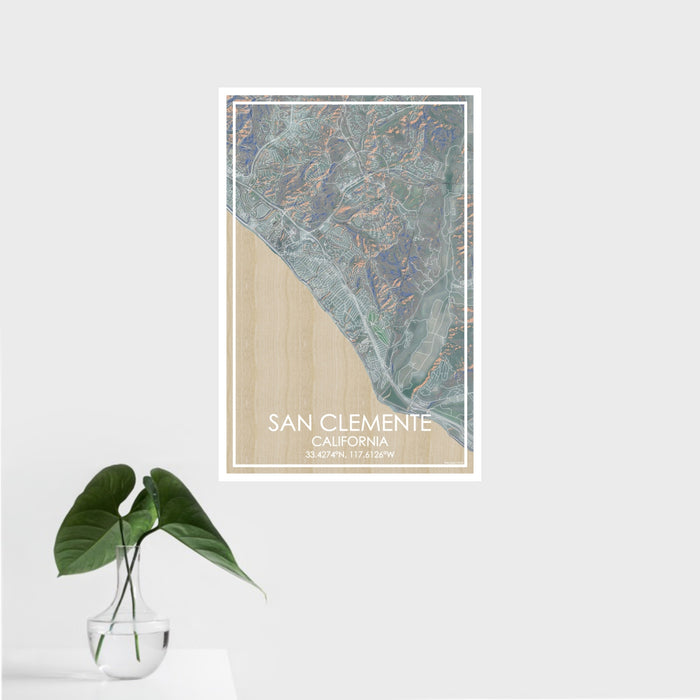16x24 San Clemente California Map Print Portrait Orientation in Afternoon Style With Tropical Plant Leaves in Water