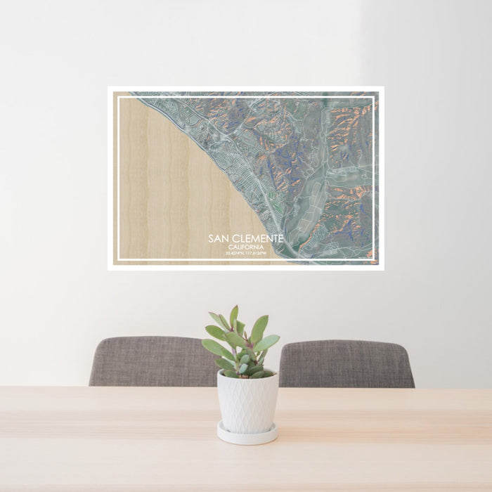 24x36 San Clemente California Map Print Lanscape Orientation in Afternoon Style Behind 2 Chairs Table and Potted Plant