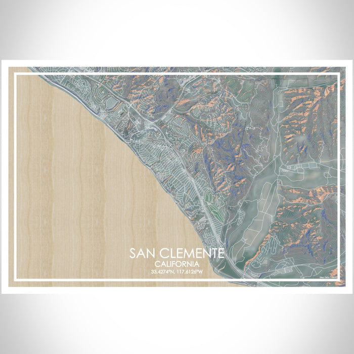 San Clemente California Map Print Landscape Orientation in Afternoon Style With Shaded Background