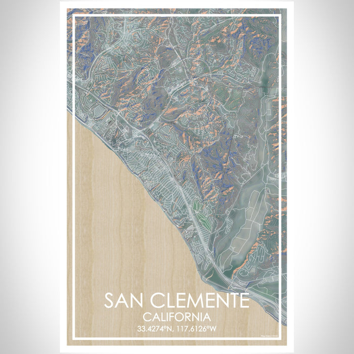 San Clemente California Map Print Portrait Orientation in Afternoon Style With Shaded Background