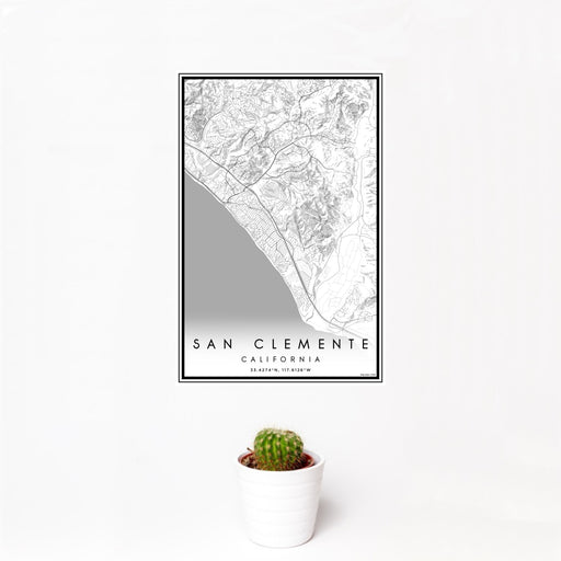 12x18 San Clemente California Map Print Portrait Orientation in Classic Style With Small Cactus Plant in White Planter