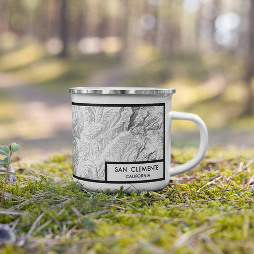Right View Custom San Clemente California Map Enamel Mug in Classic on Grass With Trees in Background