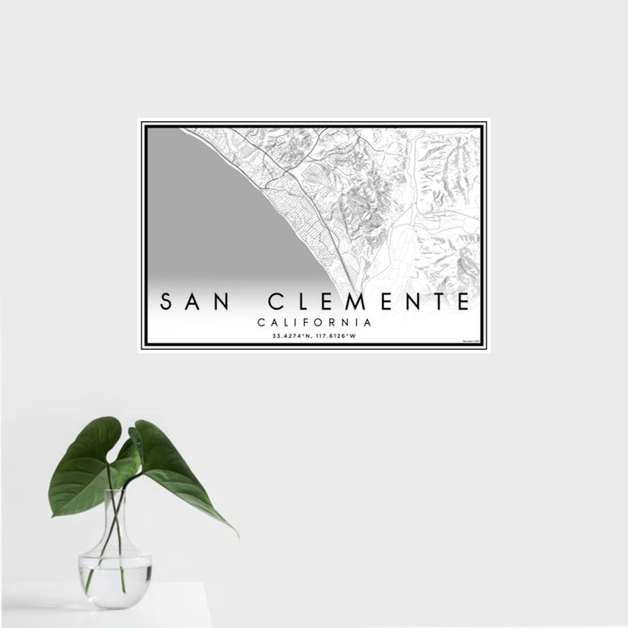 16x24 San Clemente California Map Print Landscape Orientation in Classic Style With Tropical Plant Leaves in Water
