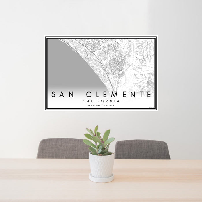24x36 San Clemente California Map Print Landscape Orientation in Classic Style Behind 2 Chairs Table and Potted Plant