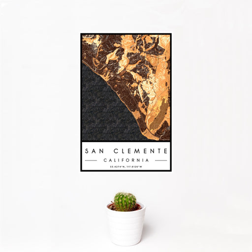 12x18 San Clemente California Map Print Portrait Orientation in Ember Style With Small Cactus Plant in White Planter