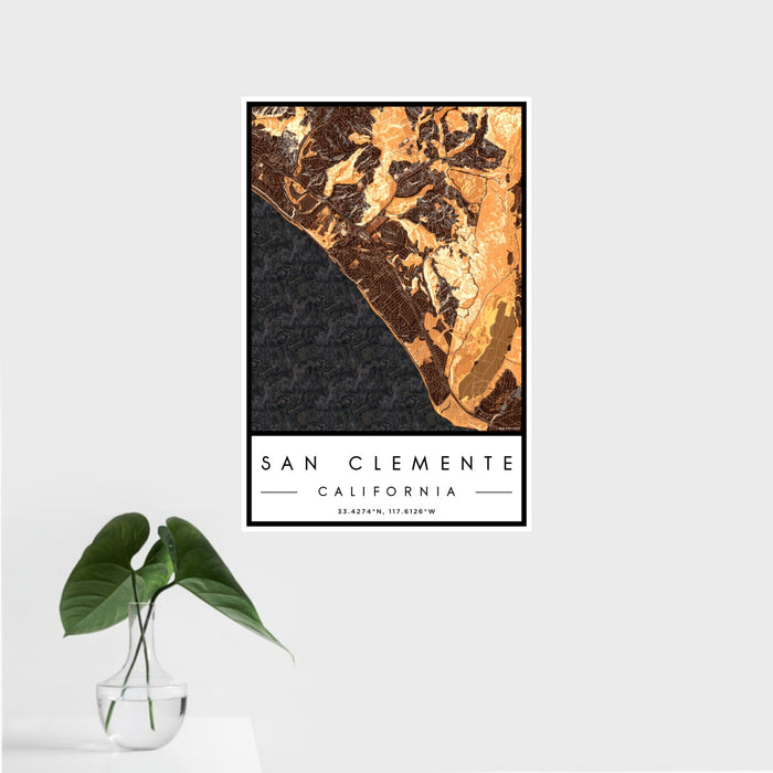 16x24 San Clemente California Map Print Portrait Orientation in Ember Style With Tropical Plant Leaves in Water