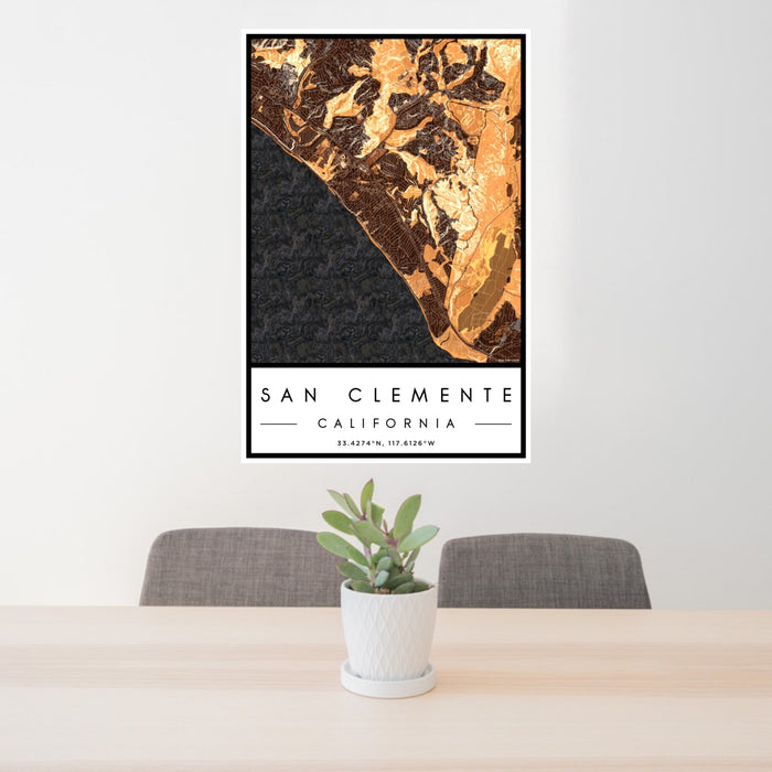 24x36 San Clemente California Map Print Portrait Orientation in Ember Style Behind 2 Chairs Table and Potted Plant