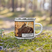 Right View Custom San Clemente California Map Enamel Mug in Ember on Grass With Trees in Background