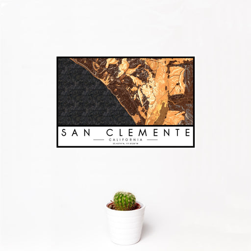 12x18 San Clemente California Map Print Landscape Orientation in Ember Style With Small Cactus Plant in White Planter
