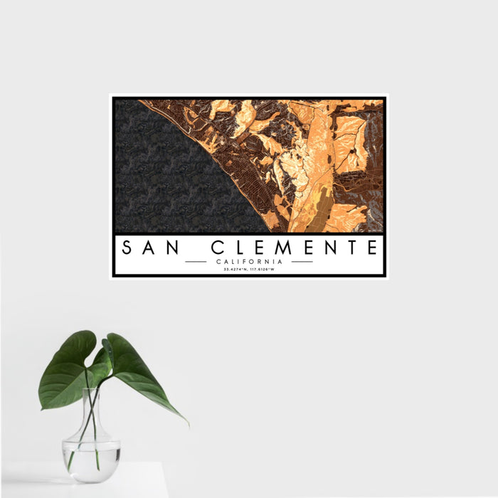 16x24 San Clemente California Map Print Landscape Orientation in Ember Style With Tropical Plant Leaves in Water