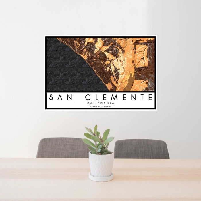 24x36 San Clemente California Map Print Landscape Orientation in Ember Style Behind 2 Chairs Table and Potted Plant