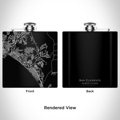 Rendered View of San Clemente California Map Engraving on 6oz Stainless Steel Flask in Black