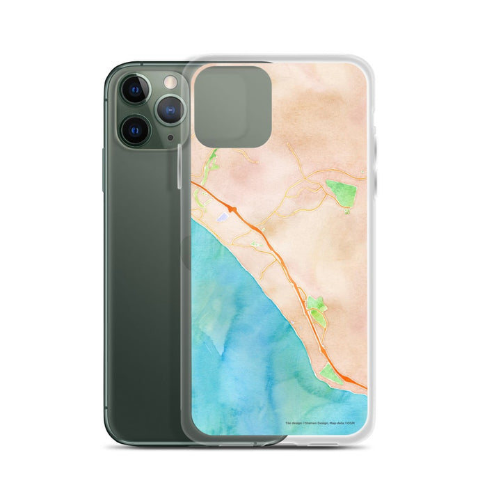 Custom San Clemente California Map Phone Case in Watercolor on Table with Laptop and Plant
