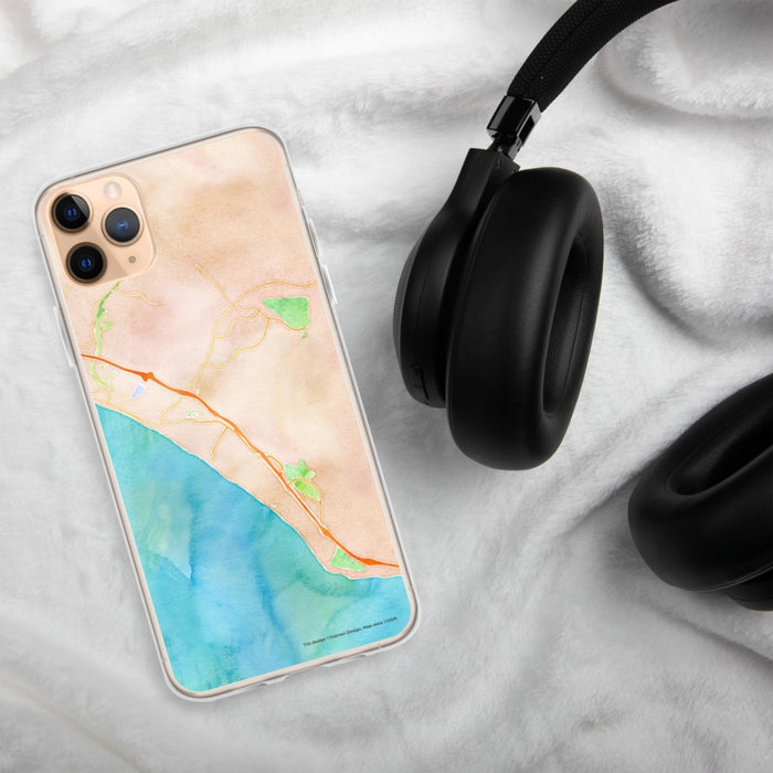 Custom San Clemente California Map Phone Case in Watercolor on Table with Black Headphones