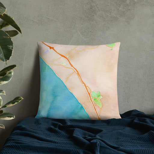 Custom San Clemente California Map Throw Pillow in Watercolor on Bedding Against Wall