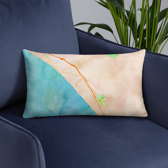 Custom San Clemente California Map Throw Pillow in Watercolor on Blue Colored Chair